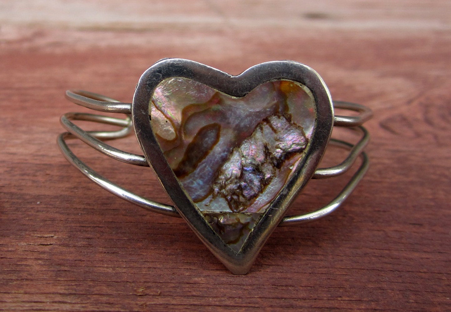 Vintage Abalone & Silver Cuff Bracelet - Heart Shaped