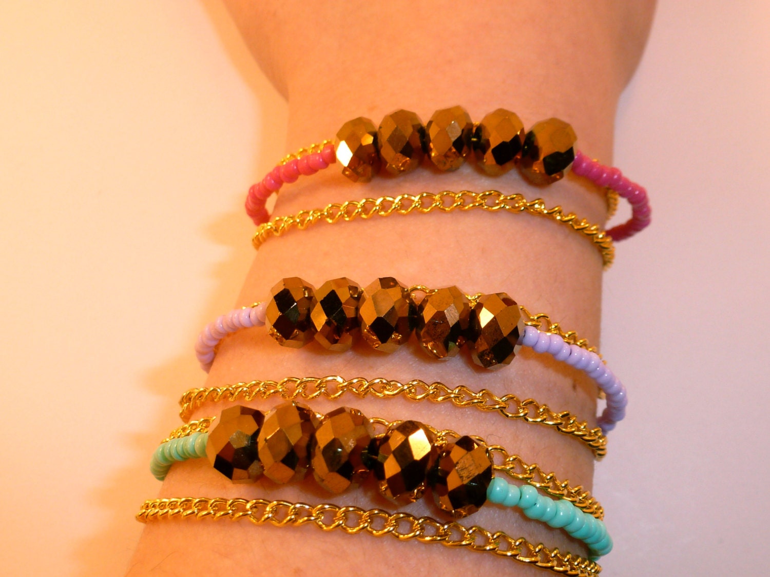Fuchsia Frenzy: Fuchsia Seed Beads and Bronze Crystal Stack Bracelet, Multi Strand, Gold Chain, Stackable