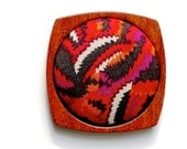 Liberty Wooden Brooch / Pendant - Danish Style  - Liberty of London fabric and Mahogany - Modern Abstract Purple Red Yellow White Black