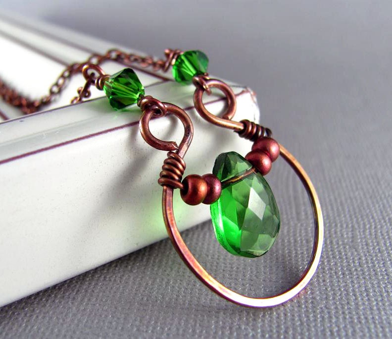 Wire Wrapped Jewelry Copper Necklace Emerald Green May Birthstone Necklace Wire Wrapped Necklace