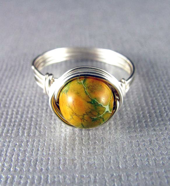 Wire Wrapped Ring Green Imperial Jasper Nickel Free Silver Wire Wrapped Jewelry Gemstone Ring