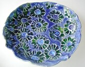 Decorative bowl, Hand Painted Ceramic bowl, Indigo Blue with Emerald Green Flowers,  serving bowl