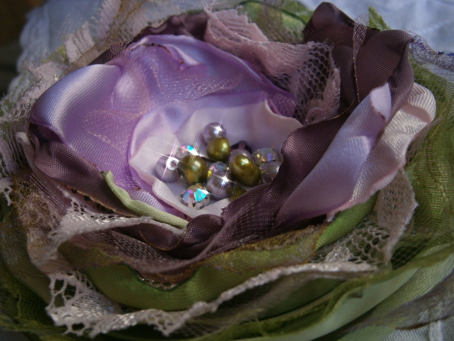 Big lilac, purple, green fabric flower brooch with pearls and crystals- Bridal flower- Hair flower- flower accessory