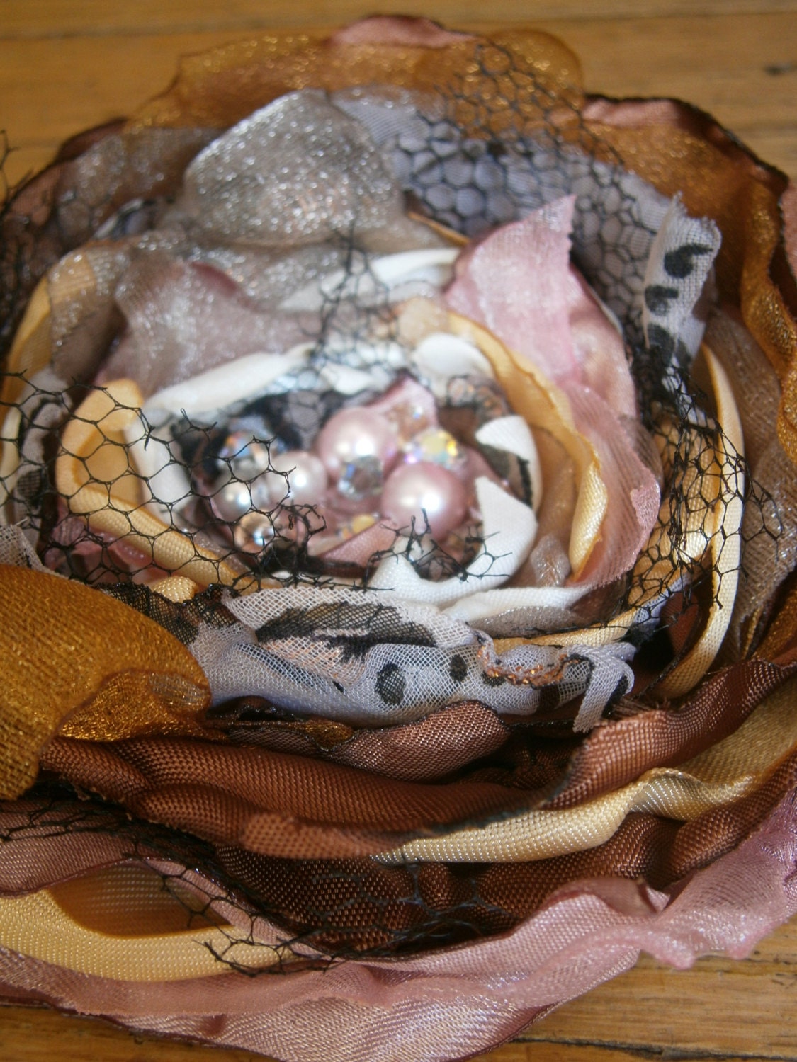 Gold, white, leopard and mauve big size fabric flower  with Swarovski, pearls and rose montees flower brooch