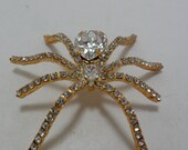 Vintage Brooch / Pin Spider Clear Glass Crystal Rhinestones Gold Tone Metal Art Deco Retro Statement Jewelry