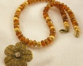 Brown Picasso Czech Choker with Rhinestone Flower Pendant.  Party.  Elegant.  Casual.