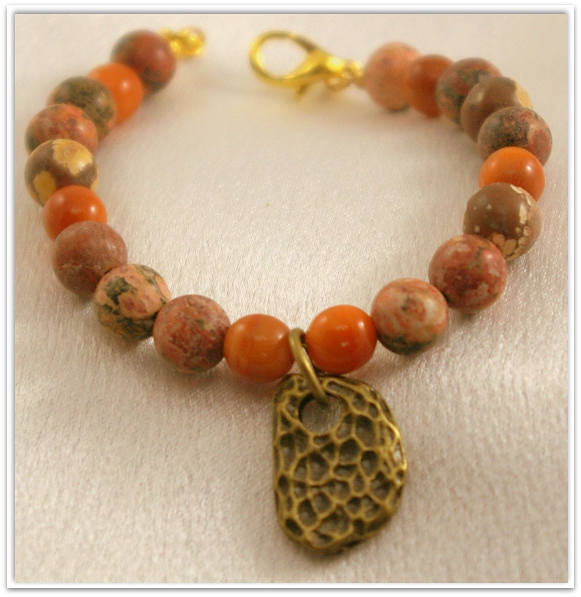 Leopard Jasper Bracelet with Hammered gold Charm.  Subtile.  Chic.