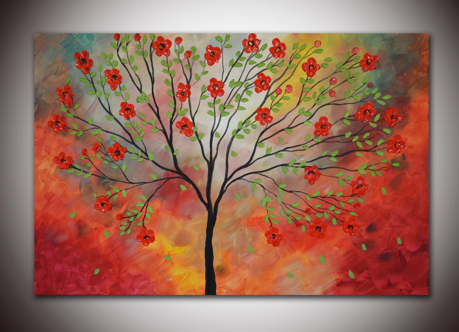 Original Landscape Impasto Flowers -  Impasto Textured Large Painting 24x36 by Helen -Red Tree Blossom  - Free Shipping