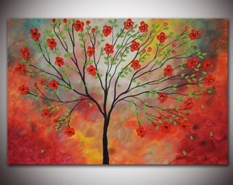 Original Landscape Impasto Flowers -  Impasto Textured Large Painting 24x36 by Helen -Red Tree Blossom  - Free Shipping