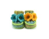 Knitted Baby Booties with Crochet Bell Flowers, Pastel Colors, 0 - 3 months