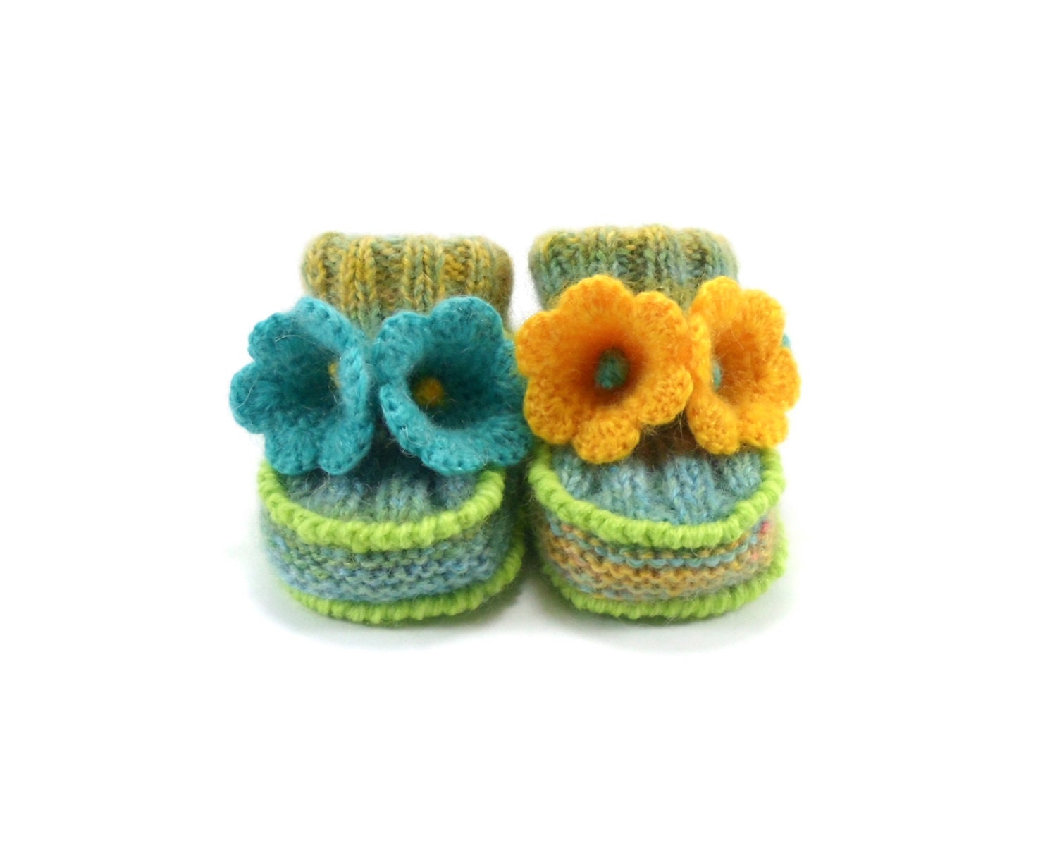 Knitted Baby Booties with Crochet Bell Flowers, Pastel Colors, 0 - 3 months