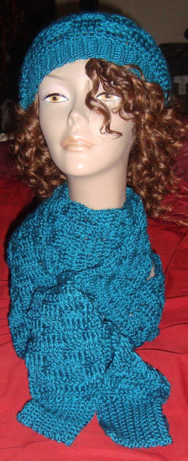 torquise basket weave stitch crochet hat and scarf set