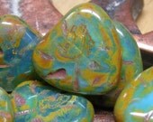 RUSTIC WATERS . Picasso Czech Glass Heart Triangle Bead . aqua . 4 each . 17mm x 16mm