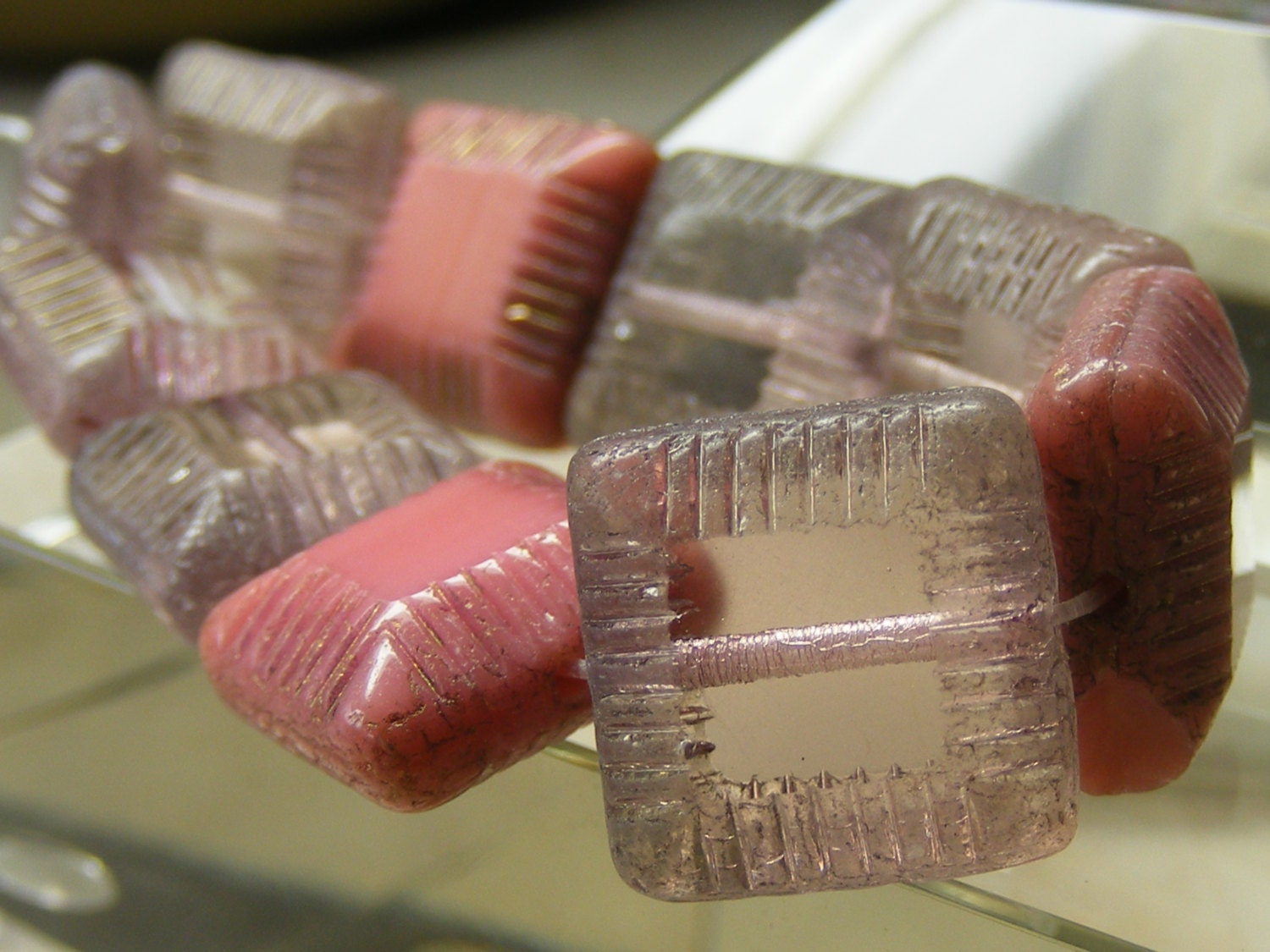 CELEBRATION . picasso czech square glass  . 14mm . pink . carved . strand 10 each