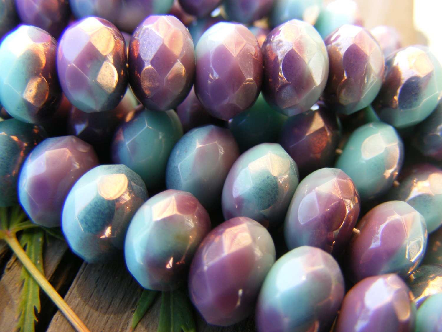 BLOSSOMING Czech Glass Fire Polished Bead, Turquoise Purple, 12 each, 6mm x 9mm