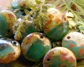 LILY PADS Picasso Czech Glass Lentils 12mm Aqua Beige, 10 each