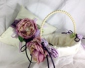 Ring Bearer Pillow and Basket Set - Wedding Pillow and Flower Girl Basket with Pale Lavender Silk and Plum, Purples and Green Satin Flowers