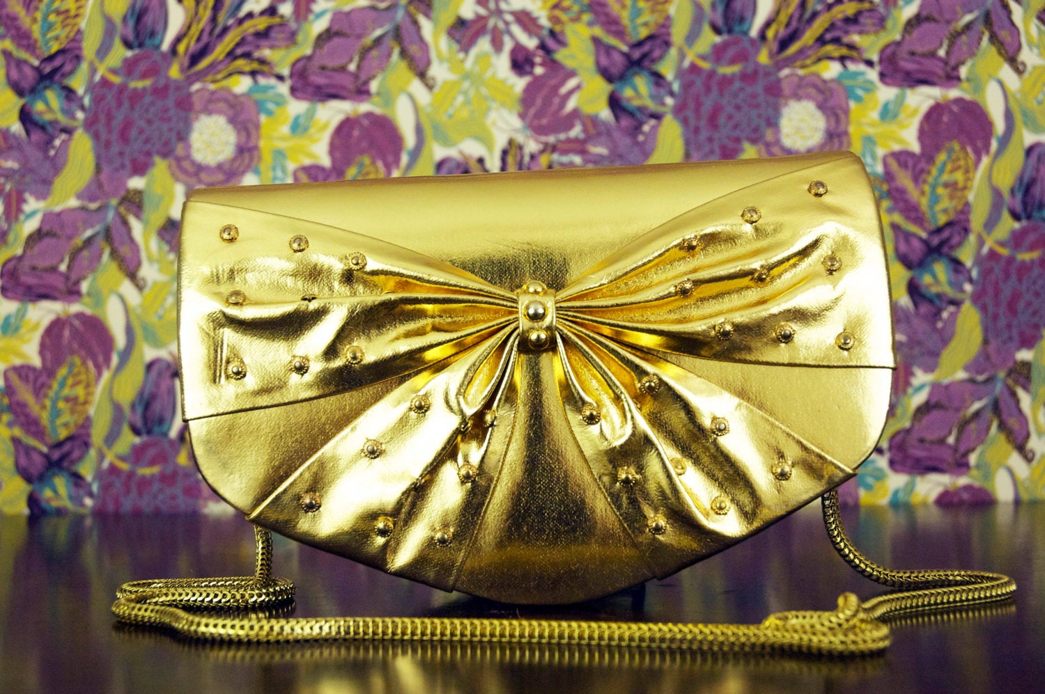 Vtg 80s Gold Metallic Studded Bow Purse/Handbag