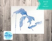 Great Lakes Dark Waters - Watercolor Print - Michigan - Nautical - Midwest - Canada - USA Map - Blue and White