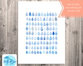 rainy day original watercolor - raindrops - showers - summer rain - thunderstorms - weather - blue