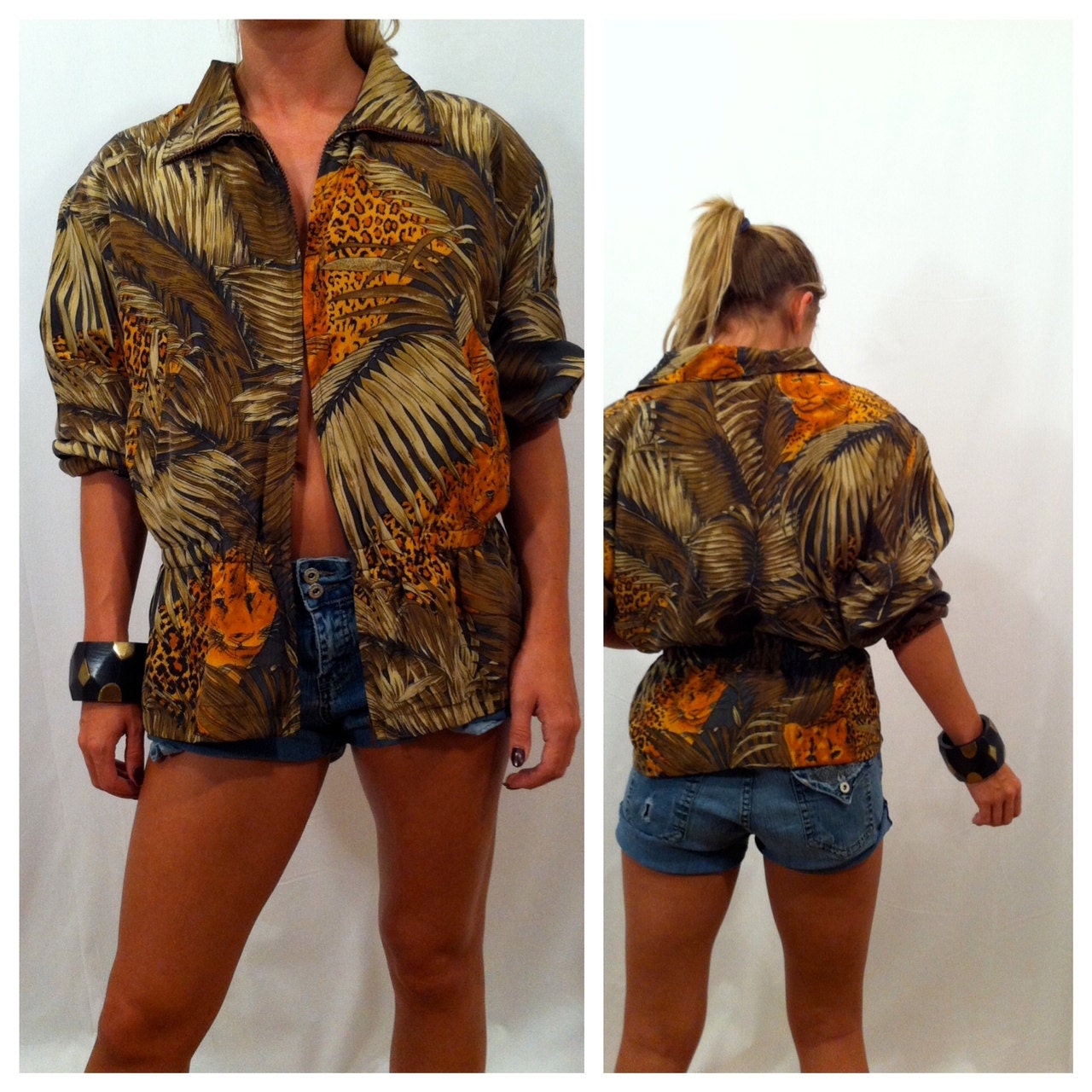 Vintage leopard jungle print bomber jacket 100% silk