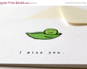 SALE I Miss You Card . ECO Friendly.  a lonely pea. Recycled Linen Card.