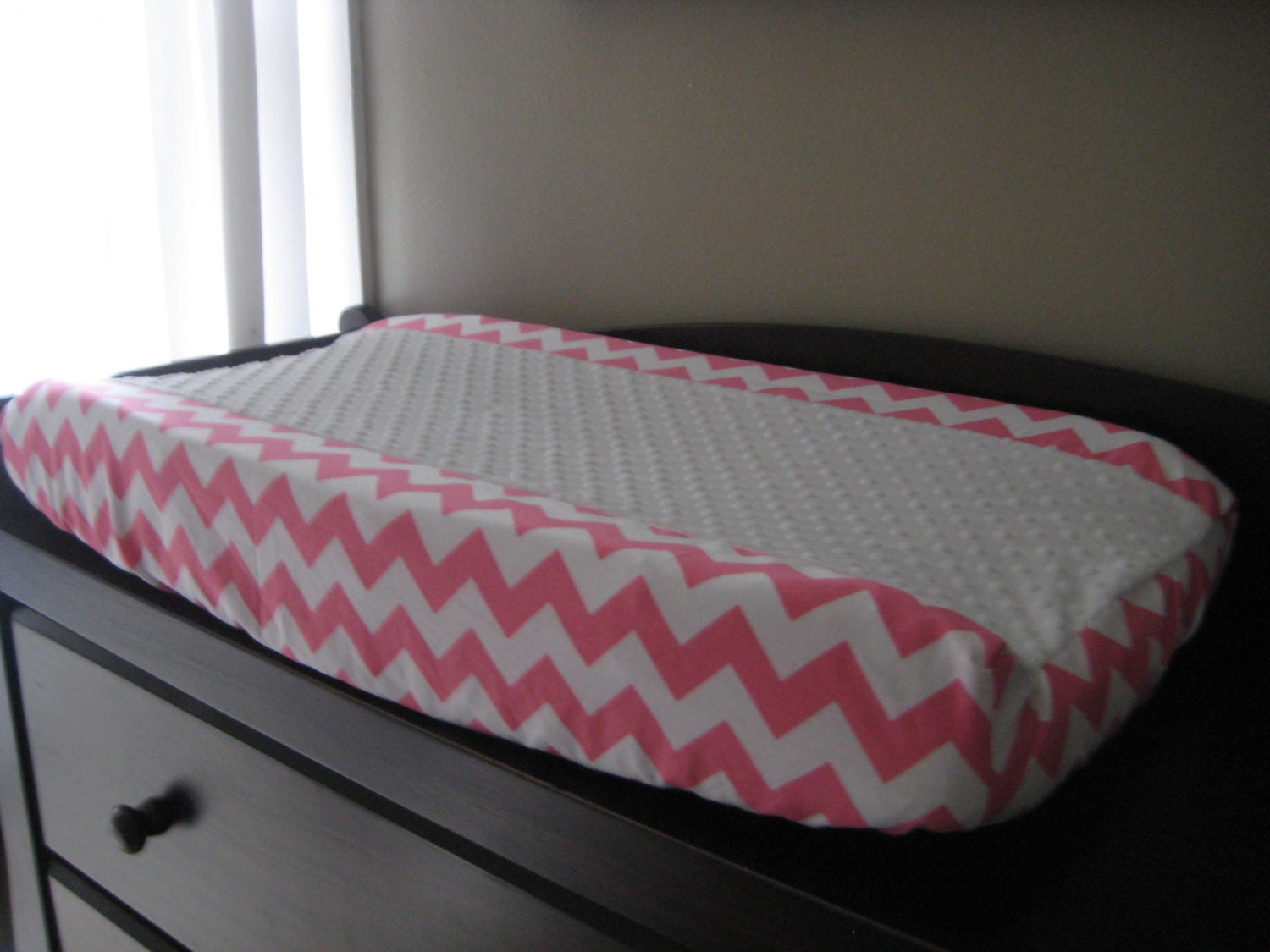 Changing Pad Cover with Minky Center - Pink Chevron with White Minky
