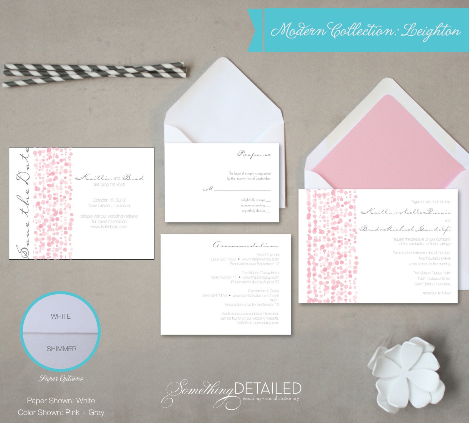 LEIGHTON: Romantic and Soft Pink and Gray or Peach and Navy Baubles Wedding Invitation Suite