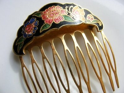 Vintage Enamel Floral and Butterfly Hair Comb - TheVintageOwlShop
