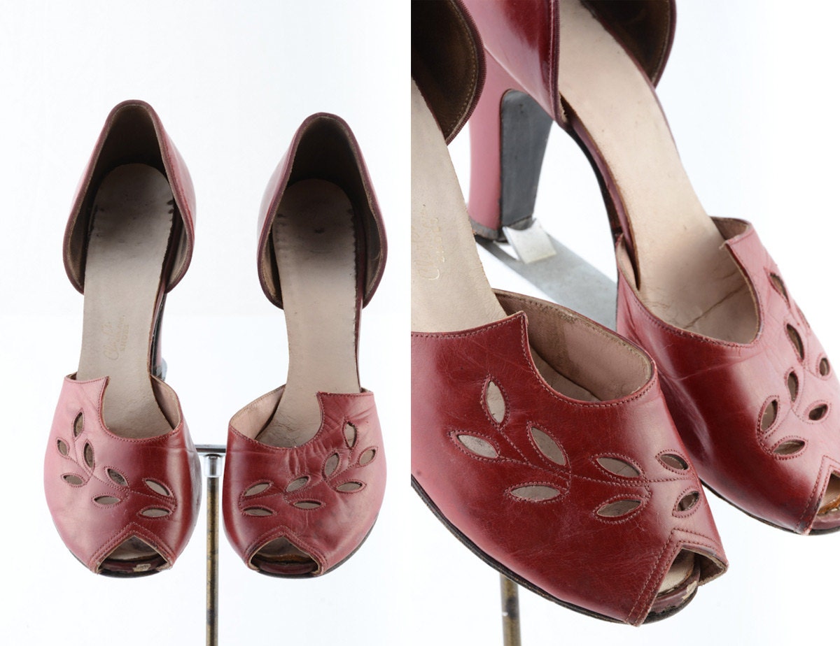 1930s shoes/ 30s peep toes/ red leather