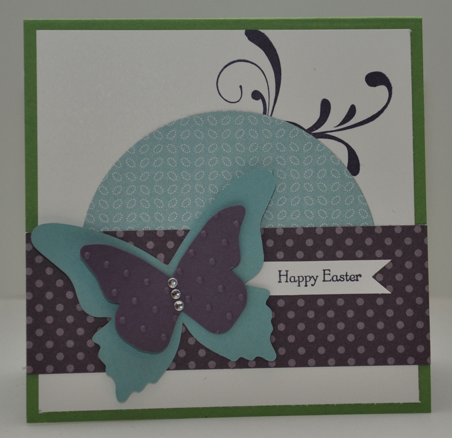 Happy Easter Greeting Card, Easter, Spring, Butterflies, Blue, Purple, Green, Polka Dots, Stripes, Stamped, Blank Inside