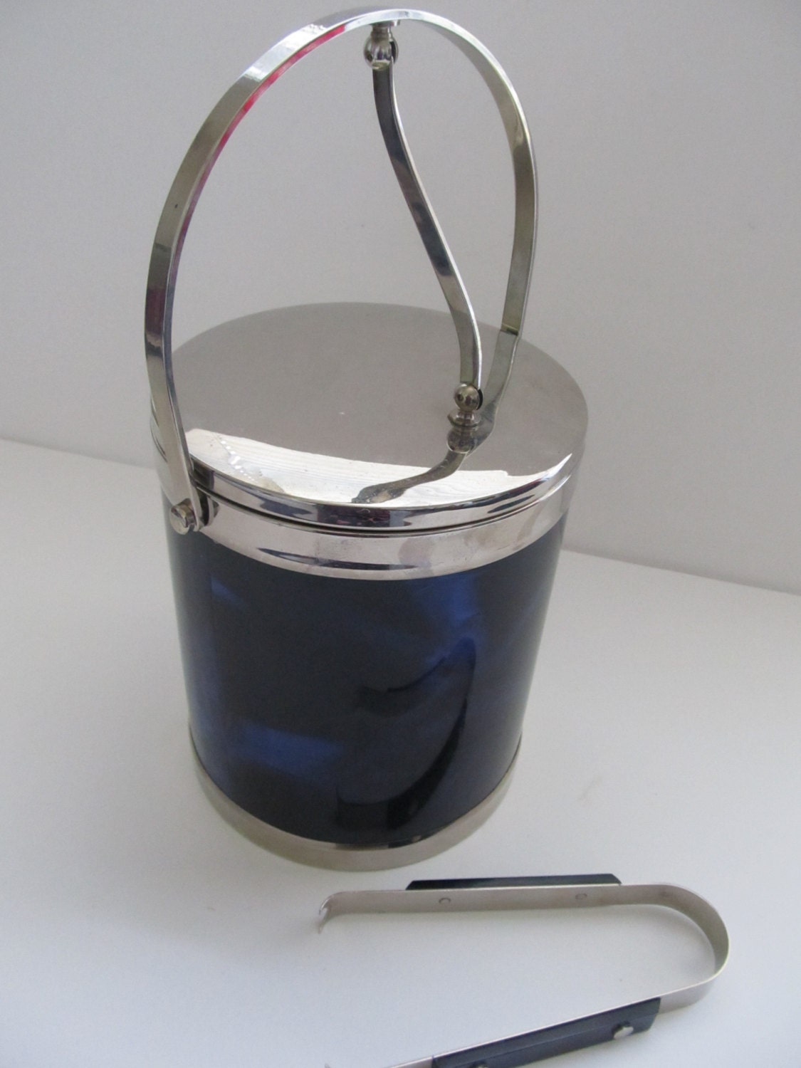 Ice Bucket--Vintage Navy Marblelized Ice Bucket--Vintage Cocktail Accessories
