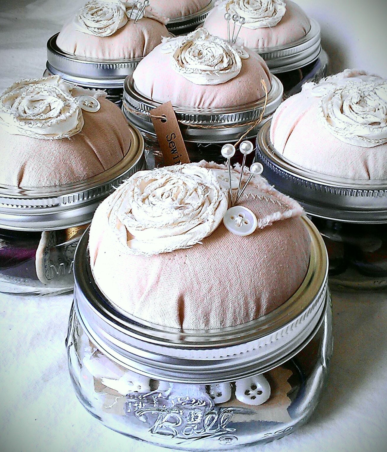 Bridesmaid Gift-5 Country Chic Sewing Kit, Mason Jar Pin Cushion, Spiral Rose, Vintage Style