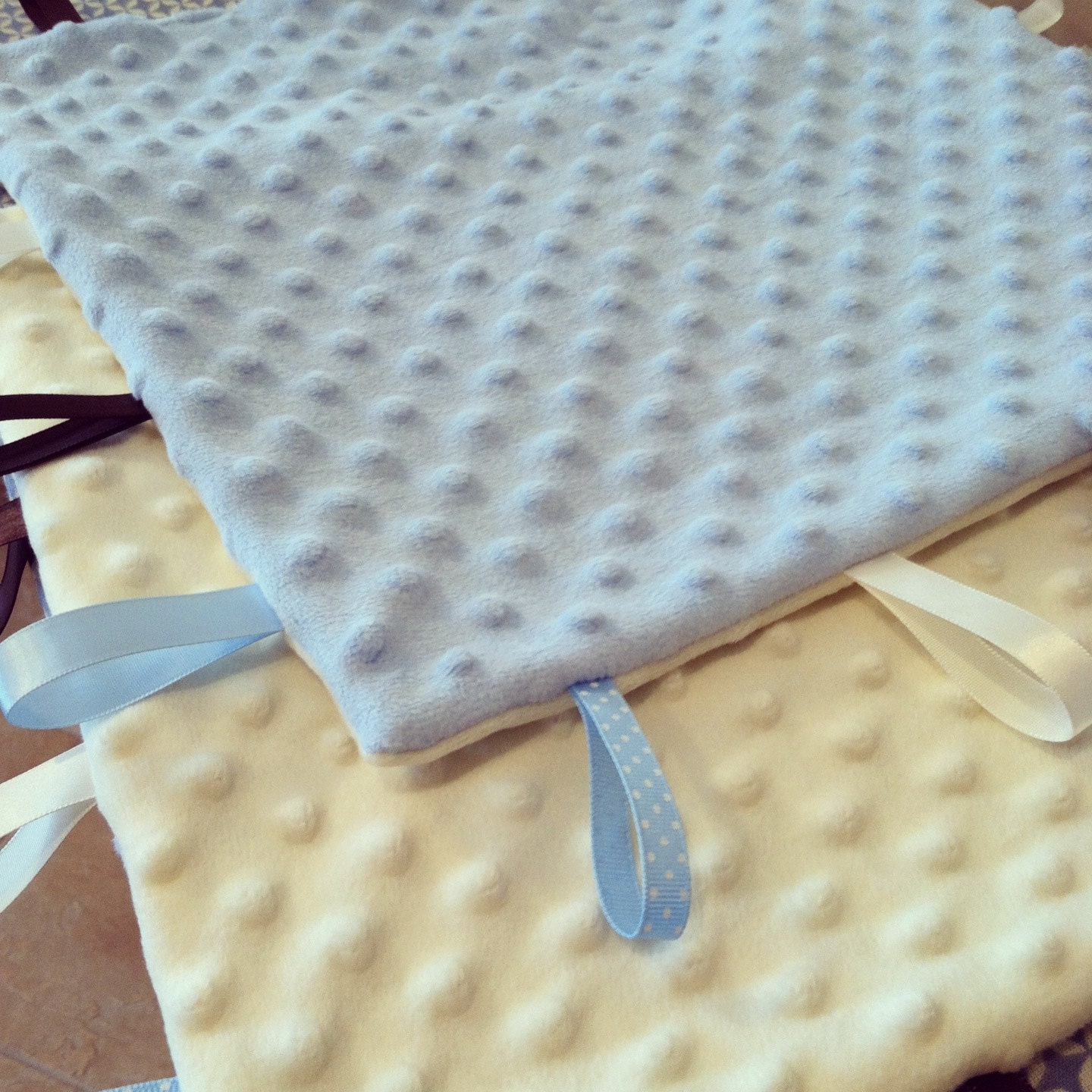 2 Identical Tag Blankets in Baby Blue and Creamy White, Ribbon Blanky, Sensory Blanket, Baby Blanket