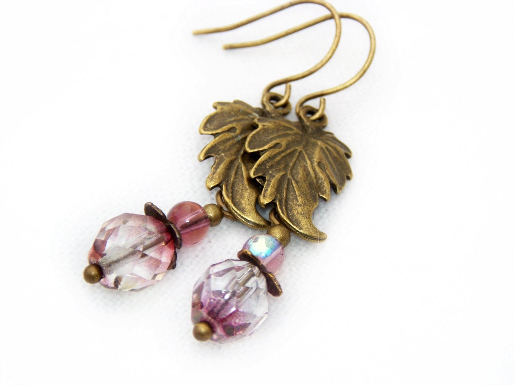 RIVENDELL - Translucent Pink and Purple and Antique Brass earrings - LOTR, Victorian, Steampunk, Downton Abbey accessory or gift