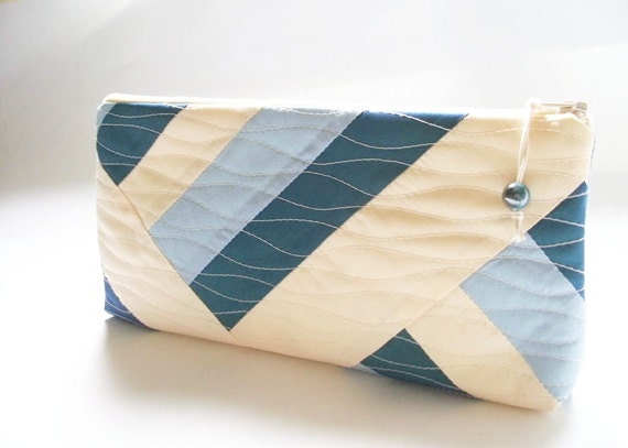 Blue and Cream Chevron Wedding Bridal Clutch Cosmetic Bag Personalized Gift for Her