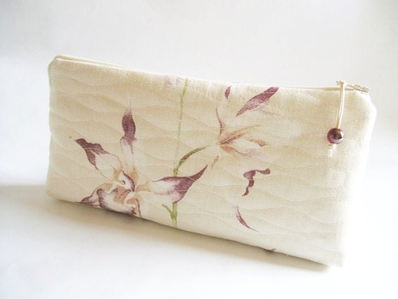 Wedding Clutch Cosmetic Bag Purple Orchids on Cream Cotton