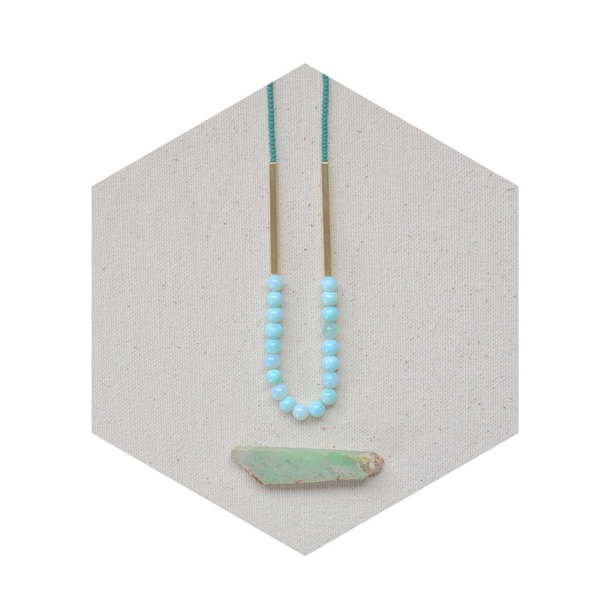 HALF OFF Dream of Shores Necklace- Peruvian Opal and Matte Emerald Czech Glass with Raw Brass