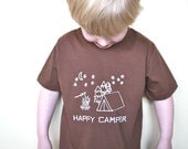 Eco Friendly Children Happy Camper Organic Brown 2T 4T or 6T SHORT Sleeve shirt- hand-drawn and printed Tent,  campfire and s'mores