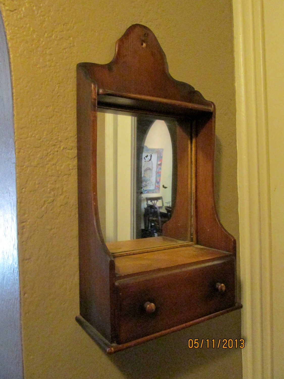 Vintage Entryway Mirror Shelf / Wood Mirror and Drawer for Keys / Adorable Mirror