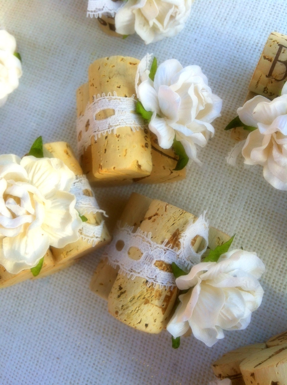 Vintage Ivory Lace Wedding Place Card Holders, Set of Ten, Recycled Wine Corks for Rustic, Shabby Chic, Vineyard Wedding, Winery Wedding