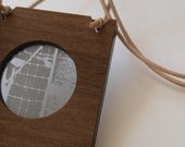 Etched transparent grey perspex and walnut necklace