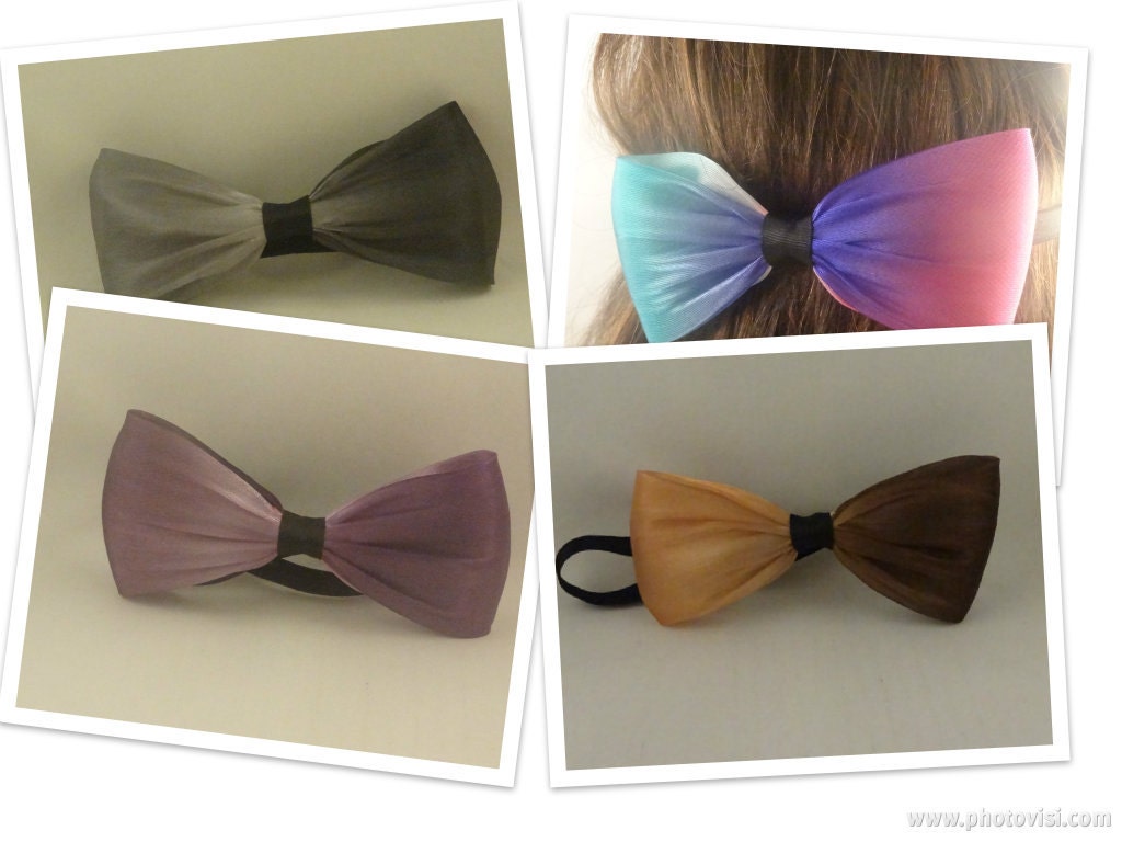 Spring headband Organza bow, alligator clip, multicolor, purple shades, gray shades, brown shades