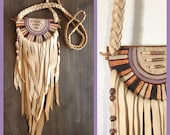 Peach & Lavender Leather Fringe Necklace 