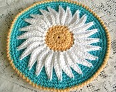 Potholder -  Crocheted Daisy  Aqua Hotpad