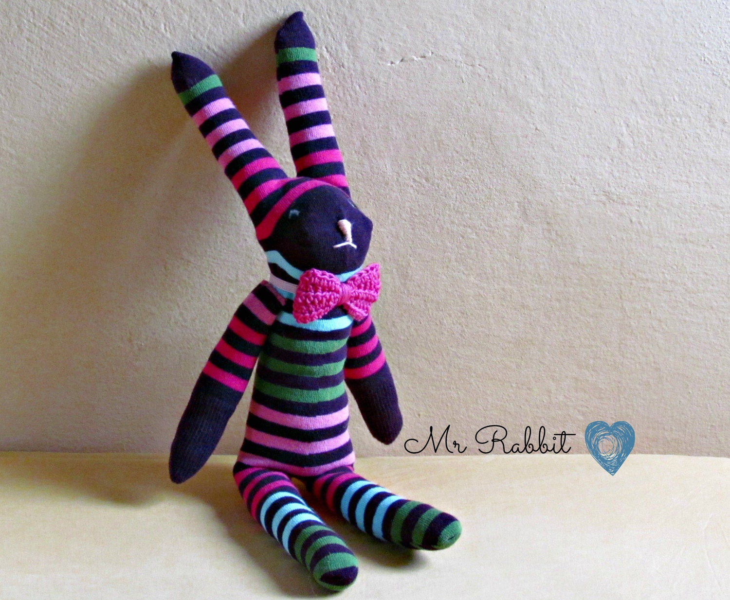 Mister rabbit  -  purple striped sock puppet - Soft and cuddling plushies