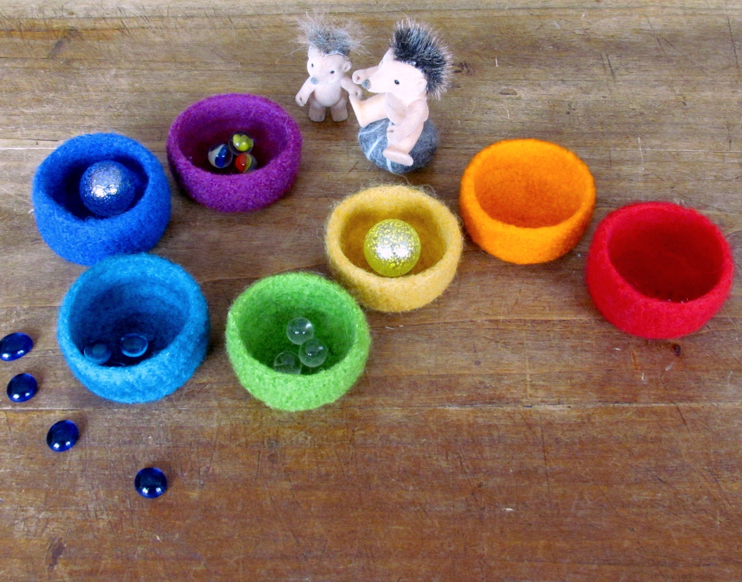 Waldorf Rainbow bowls - felted wool toy - eco-friendly - set of seven