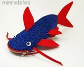 Catfish Bag by MinneBites / Handmade Catfish Pencil Case - Geeky Bag - Blue Red Fish Bag - Fishing Gift for Dad - Fathers Day Fisherman Gift