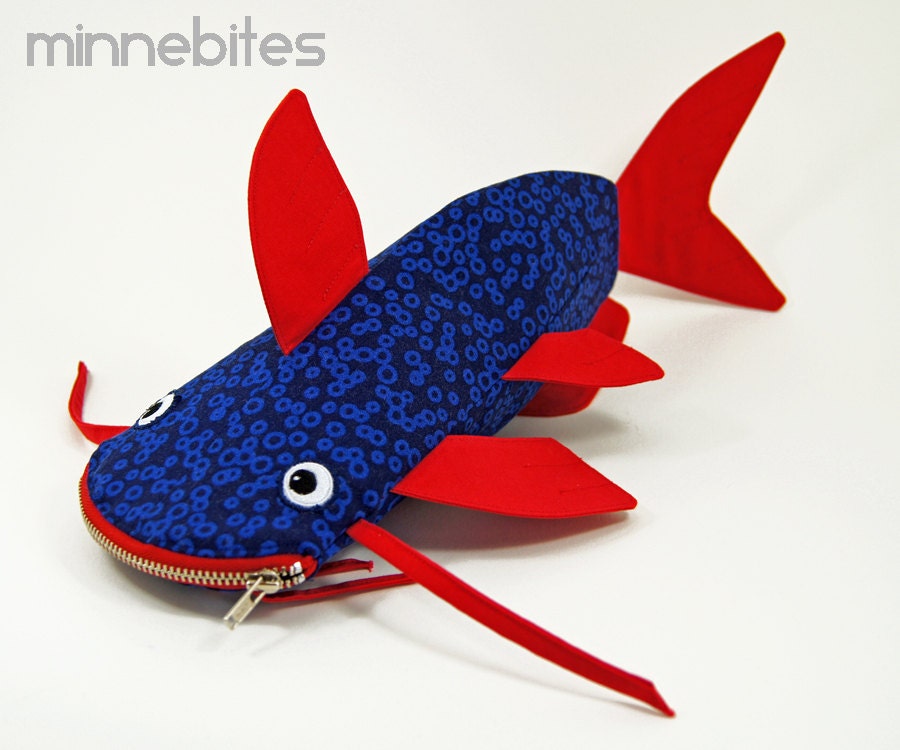 Catfish Bag by MinneBites / Handmade Catfish Pencil Case - Geeky Bag - Blue Red Fish Bag - Fishing Gift for Dad - Fathers Day Fisherman Gift