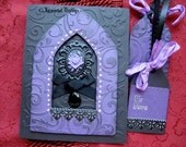 Gothic Greeting Card - Purple on Black Rose, Goth Cameo Shrine with Matching Git Tag